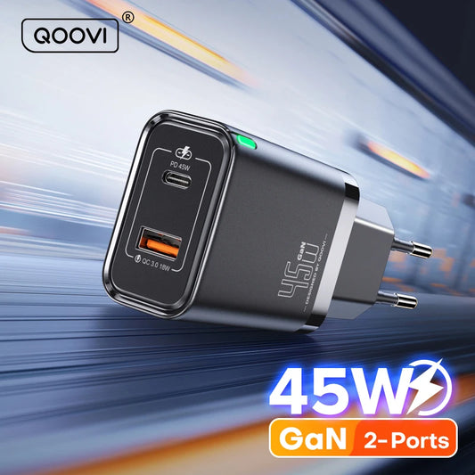 QOOVI GaN 45W USB Charger Fast Charging USB Type C Wall Charger PD QC3.0 Quick Charge For iPhone Samsung S23 S21 Laptop Tablet