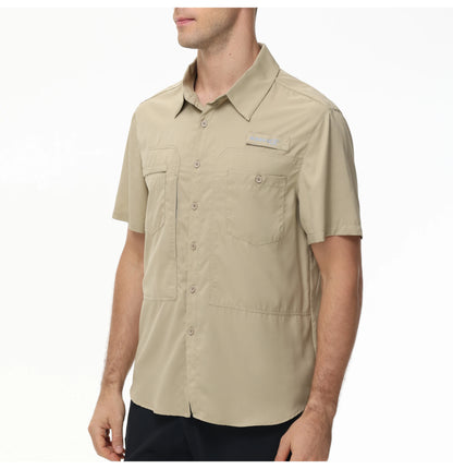 Summer Men's UPF 50+ Fishing Shirts, Lightweight Breathable Short Sleeve Cargo Shirt, Button Down Tactical Shirts Workout
