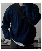 Men's Knitting Sweater 2026 Spring Autumn 0-neck Long Sleeve Knit Sweater Dark Blue Hemp Pattern Drop Shoulder Thicken Pullover