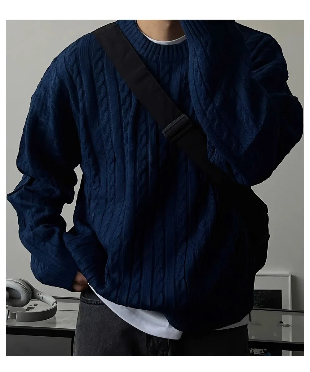 Men's Knitting Sweater 2026 Spring Autumn 0-neck Long Sleeve Knit Sweater Dark Blue Hemp Pattern Drop Shoulder Thicken Pullover