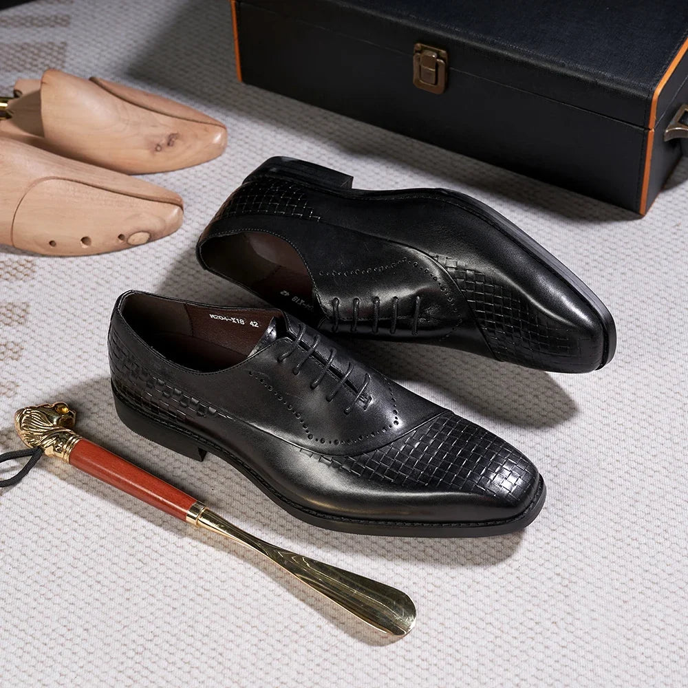 Men's Genuine Leather Oxfords Fashion Pointed Toe Wedding Party Dress Shoes Luxury Lace-Up Office Career Formal