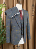 ST Cassy Dark Blue 3 Piece Checkered Suit Set Stylish Business Office Wedding Formal Outfit Elegant Full Man Suit