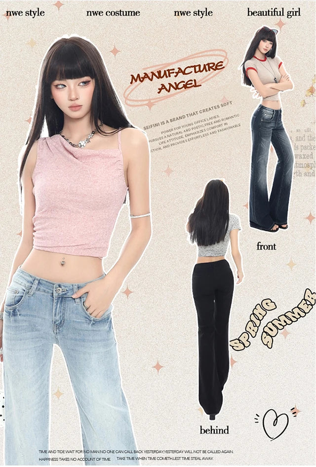 2026 New Ladies American Vintage Washed Micro Flare Denim Pants High Waist Slim Lazy Floor-Length Retro Street Long Jeans