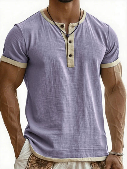 Summer New Men's Cotton Linen Shirt Casual Contrast Trim Short Sleeve Top Breathable Comfort Slim Fit Sports Casual Shirt