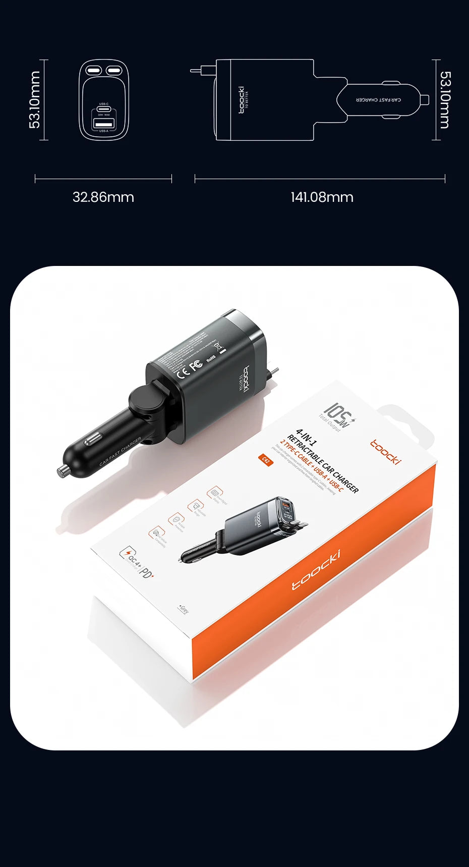 Toocki 105W Car Charger USB C Retractable Cable 0.75m PD 45W QC 3.0 SCP SFC2.0 PPS Fast Charging for iPhone 17 16 Samsung Tablet