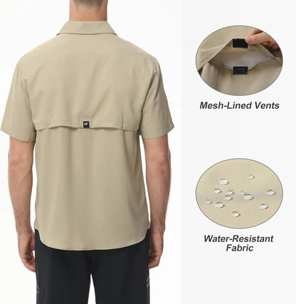Summer Men's UPF 50+ Fishing Shirts, Lightweight Breathable Short Sleeve Cargo Shirt, Button Down Tactical Shirts Workout