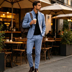 Men's Linen Stand Collar Suit 2-Piece Blazer & Pants Set Slim Fit Business Casual Tuxedo Jacket Trousers Formal Wedding Outfit