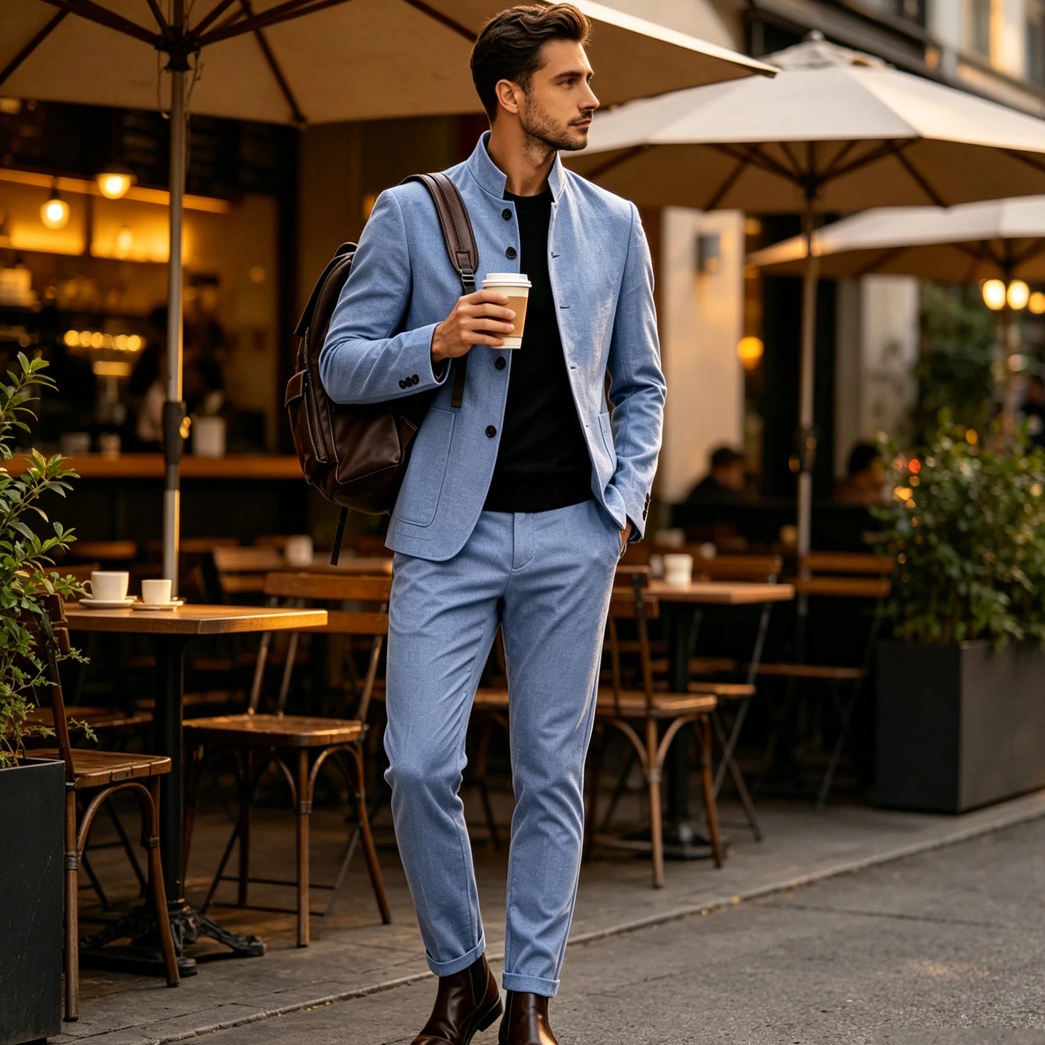 Men's Linen Stand Collar Suit 2-Piece Blazer & Pants Set Slim Fit Business Casual Tuxedo Jacket Trousers Formal Wedding Outfit