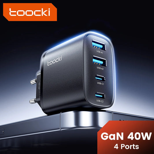 Toocki 40W GaN Fast Charger QC4.0 PD3.0 AFC SCP 4 Port USB Type C Charger for iPhone 16 15 14 Samsung S25 S24 Xiaomi Huawei OPPO