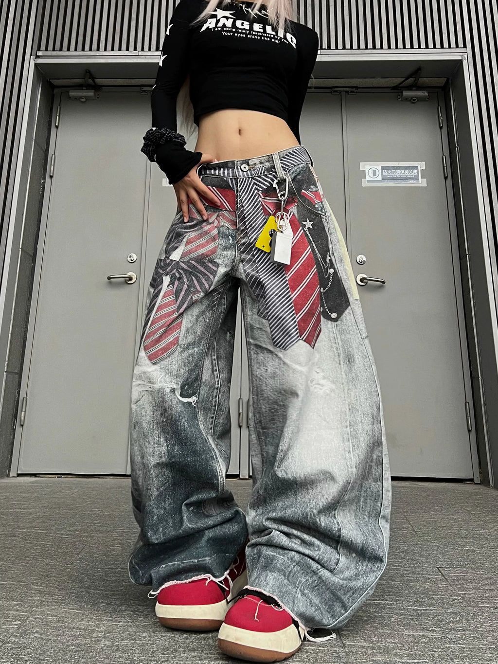 Women American Vintage Print Tie Machete Pattern Jeans Loose Wide Leg Street Hot Girl Design All Match Denim Long Trousers