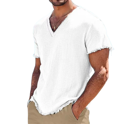 2026 Men's Summer Shirt Men's Retro V-Neck Cotton Linen Shirt Hawaii Casual Short Sleeve Beach Tops Outdoor Vacation Shirt