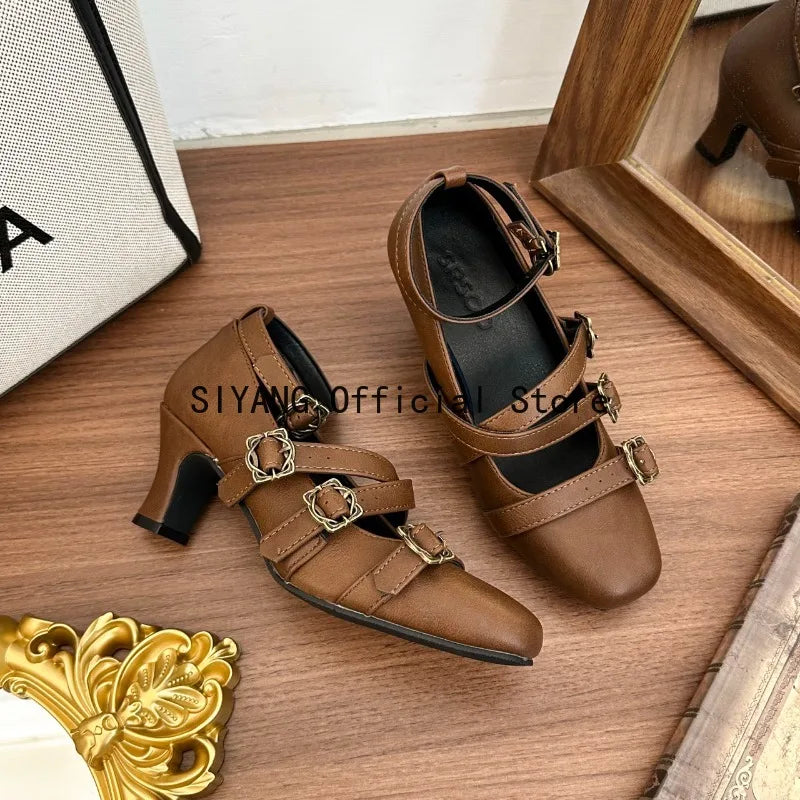 Sweet Lolita Cross Buckle Strap Women Mary Jane Shoes Fashion Multi Metal Buckle Shoes Retro Wedding Party Dress Ladies Pumps