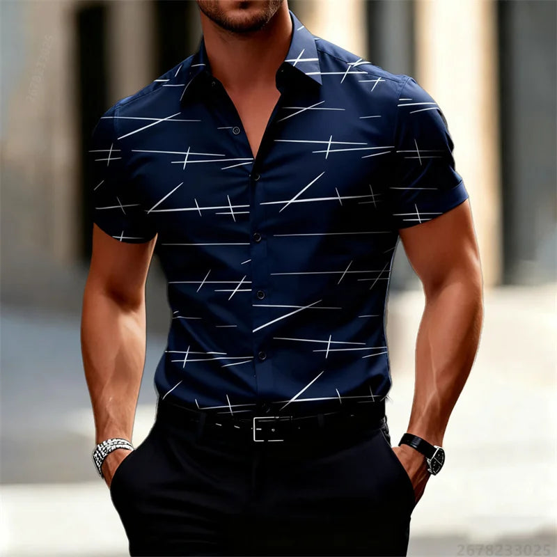 18 colors new men's fashion geometric line print short-sleeved shirt Urban casual style slim lapel shirt comfortable fabric
