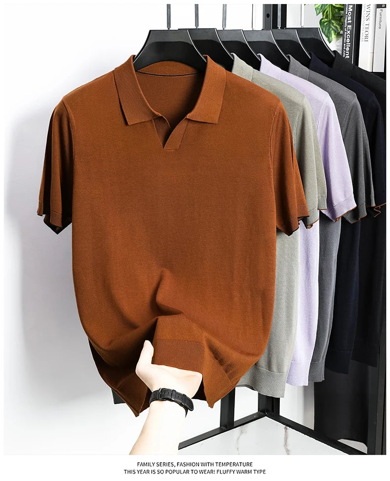 100%  Lyocell Knitwear 2025 Men Spring Summer Trendy Turn Down Collar Knit Tees Short Sleeve Breathable Knit Tops