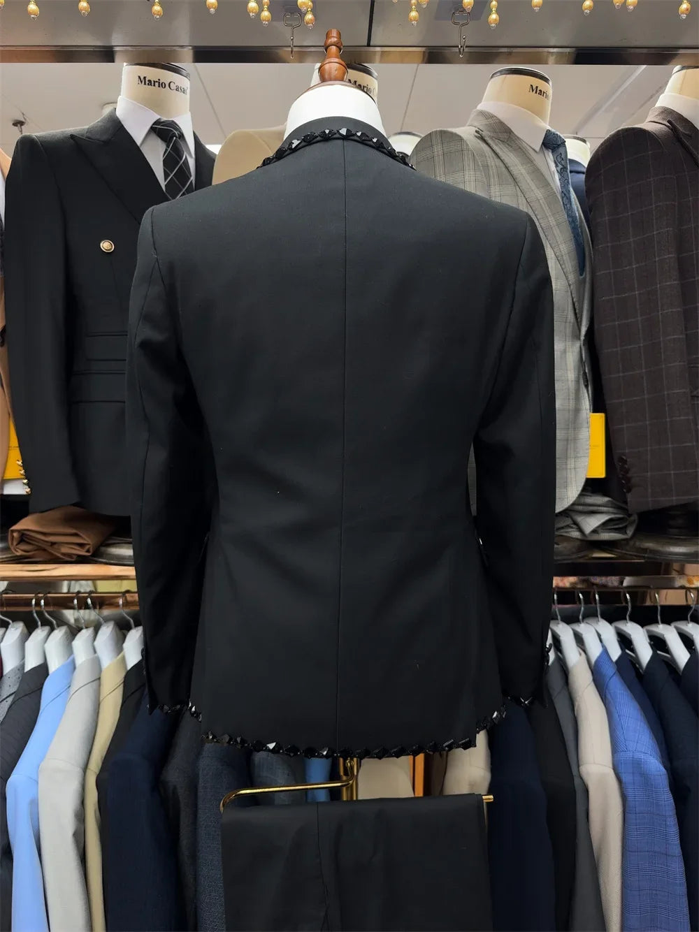 Black Men Suits Set 3 Pieces BlazerVest Pant Crystals Prom Groom Wedding Tuxedos Tailored Made Formal Office Jacket Outfit