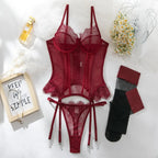 Willowy Women's Lingerie Sets Sexy Corset Lace Bra and Panty 2PCS with Stockings Sheer Outfits Sissy Girl's Intimate Underwear