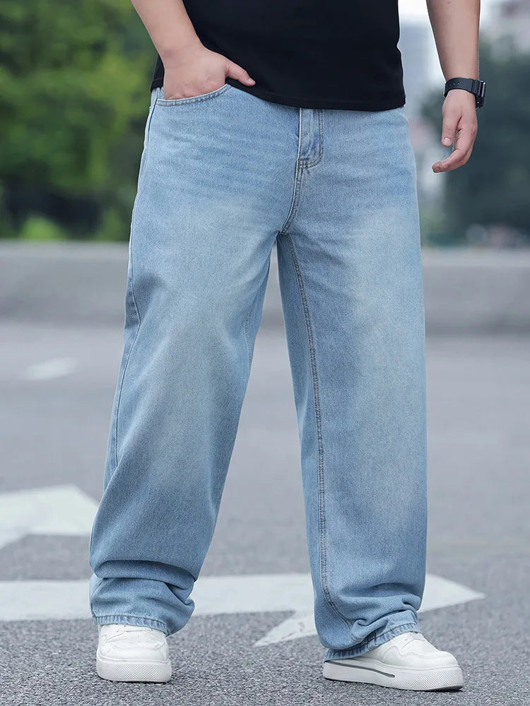 FENROOST Plus Size Men's High Waist Straight Leg Jeans Four Seasons Loose Baggy Denim Trousers Casual Versatile Long Pants New