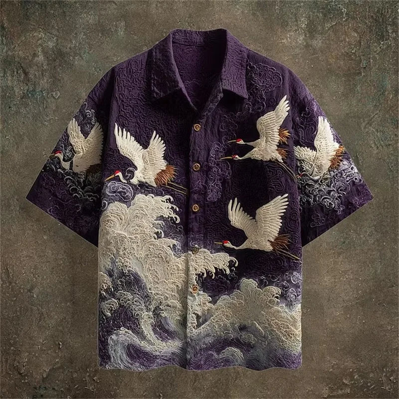 New dark green embossed dark pattern fabric with flying crane and wave printing for men's casual short sleeved shirt