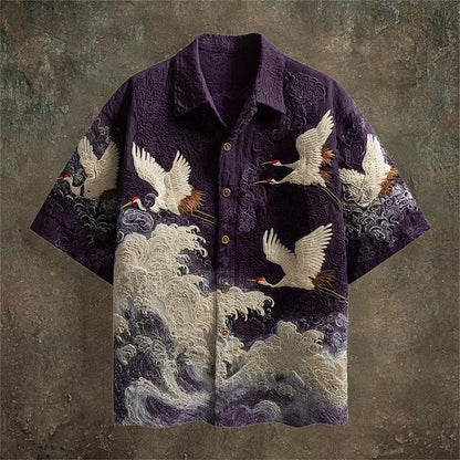 New dark green embossed dark pattern fabric with flying crane and wave printing for men's casual short sleeved shirt