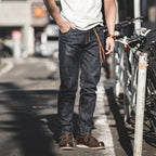 Maden Men's 14oz Raw Selvedge Denim Jeans Vintage Straight Fit Horsehide Leather Patch Paris Buckle Jeans for Autumn and Winter
