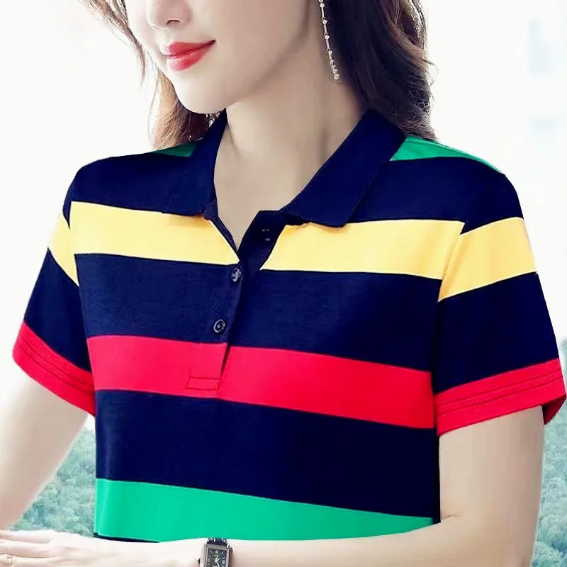 Women Summer Tops Strip Tees Sexy Vintage Short Sleeve 5XL Polo T Shirts Loose Casual Befree Boho Tees