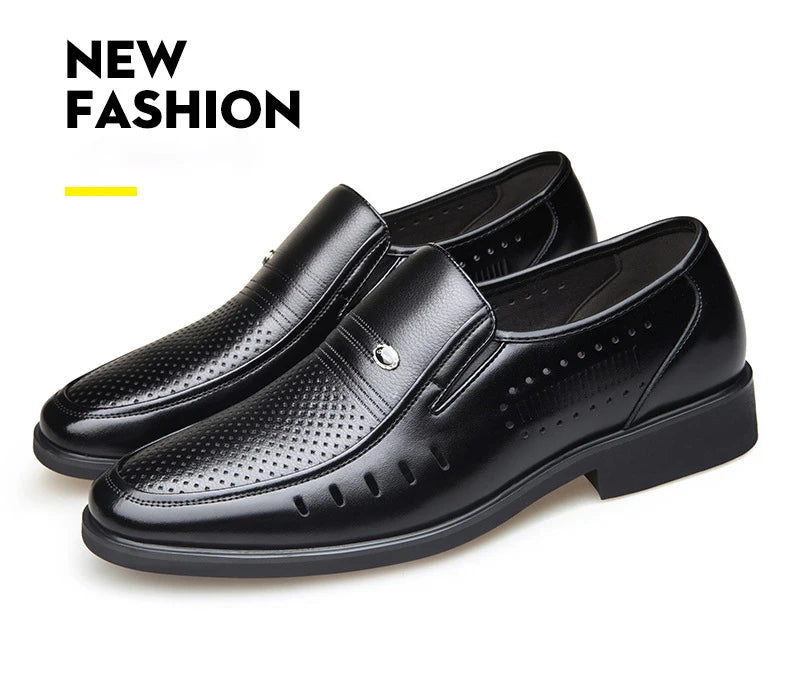 Men's Breathable Hollow Out Elevator Dress Leather Shoes Spring Summer 6cm Height Increase Business Slip-On Formal Office Shoes