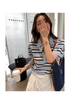 Striped POLO Neck Ice Silk Short Sleeved Women's Summer Thin Fashion Loose Lapel Knit Top