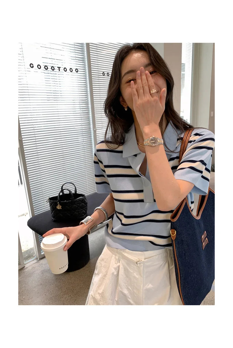 Striped POLO Neck Ice Silk Short Sleeved Women's Summer Thin Fashion Loose Lapel Knit Top