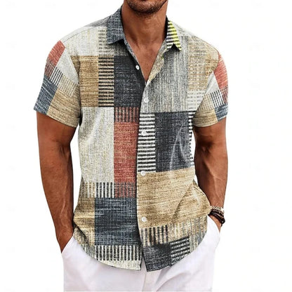 Men's Summer Shirt Vintage Patchwork Printed Button Lapel Short Sleeve Shirt Tropical Vacation T Shirt Fashion Soft Men Clothing