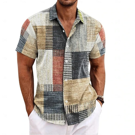 Men's Summer Shirt Vintage Patchwork Printed Button Lapel Short Sleeve Shirt Tropical Vacation T Shirt Fashion Soft Men Clothing