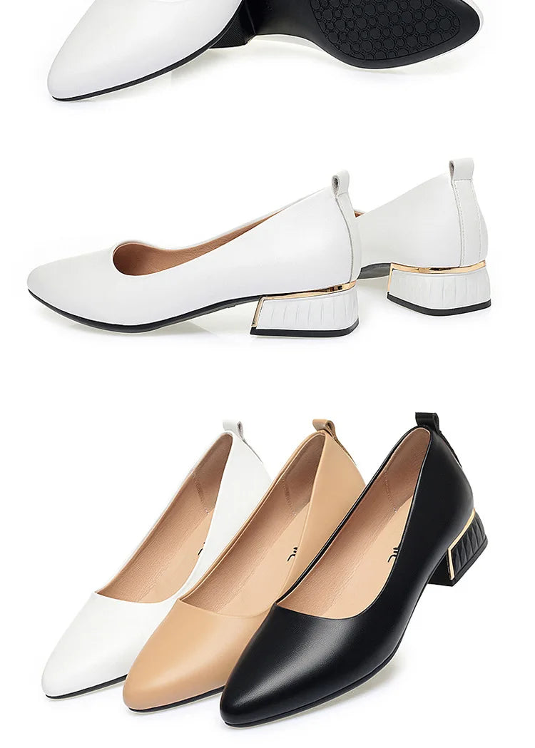 2026 Summer Women's Soft Leather Chunky Heel Pumps  Pointed Toe Low Heel Office Shoes White Work Dress Shoes Size 35-41