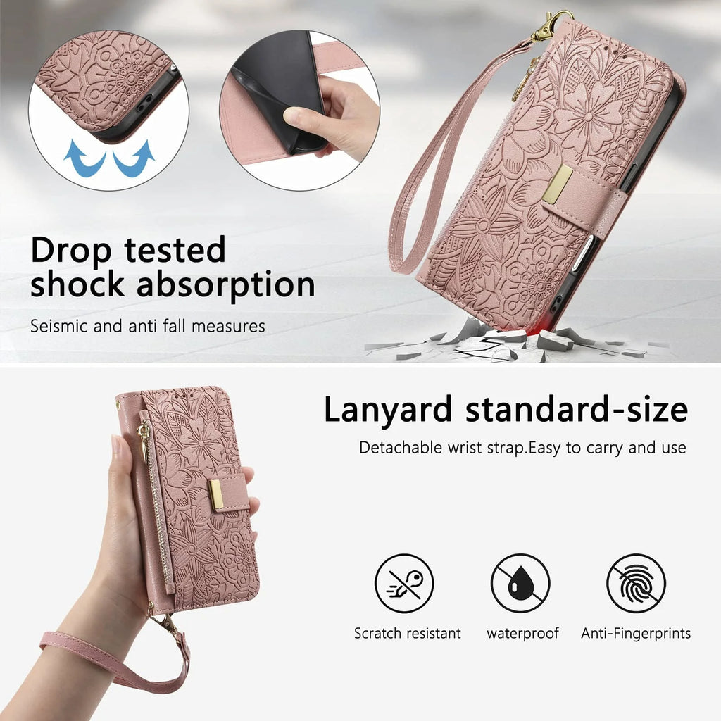 Compatible with iPhone 17/16e/15/14/13/12 Pro Max 16 Plus Lanyard Zipper Wallet Case Dual Card Holder Flip Stand Magnetic Buckle