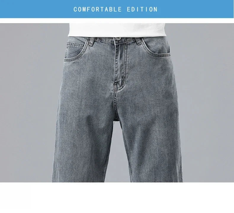 2026 New Summer Ultra-thin Lyocell Men's Jeans Drape Soft Fabric Loose Straight Casual Denim Pant Elastic Ice Silk Male Trousers