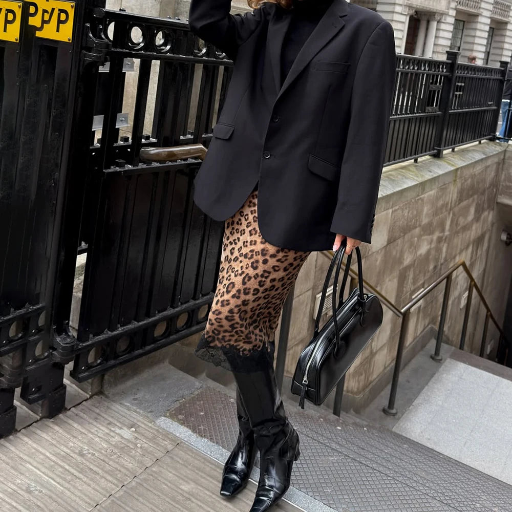 Talenza Summer Leopard Print Midi Skirts Sexy Women's Lace Patchwork Slim Skirts Fashion New Vintage Vacation Clubwear Y2K Skirt