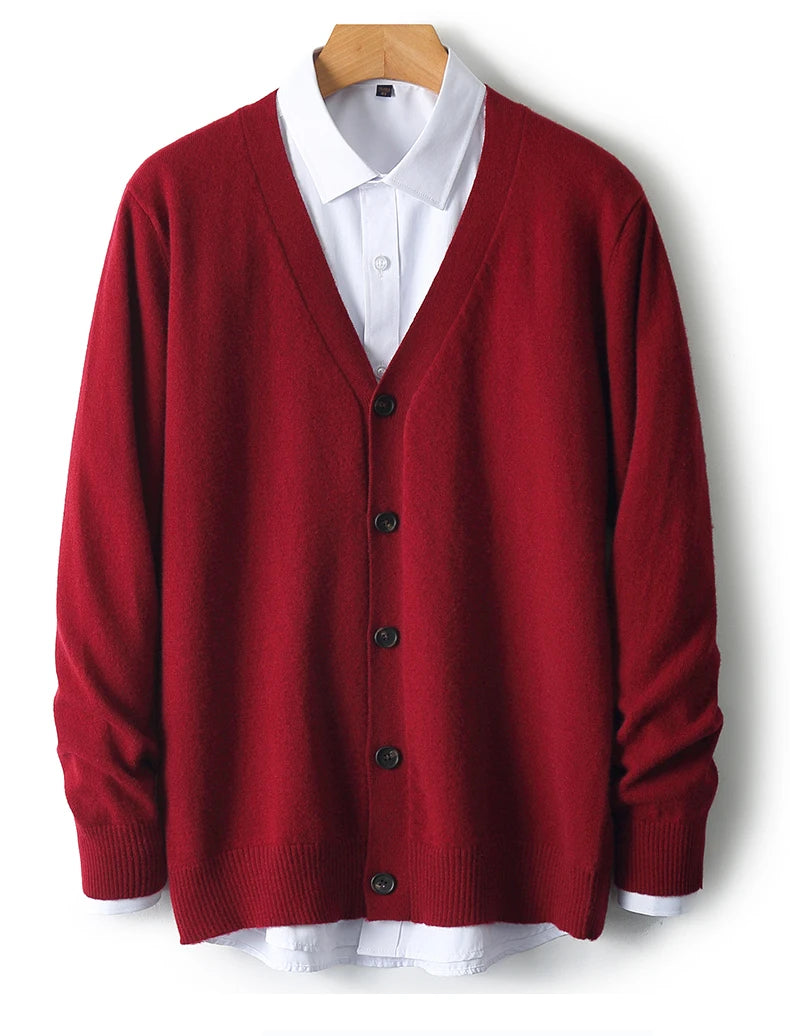 100% Pure Wool Sweater Autumn Winter New Men's Cardigan V-Neck Buckle Jacket Loose Casual Cashmere Knitted Sweater Long Sleeveds