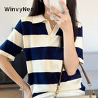 WinvyNee Summer Half Sleeved Women's Solid Polo Shirt Casual Cotton Striped Top T-shirt Women Clothing Casual Knitted A1002022