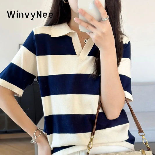 WinvyNee Summer Half Sleeved Women's Solid Polo Shirt Casual Cotton Striped Top T-shirt Women Clothing Casual Knitted A1002022
