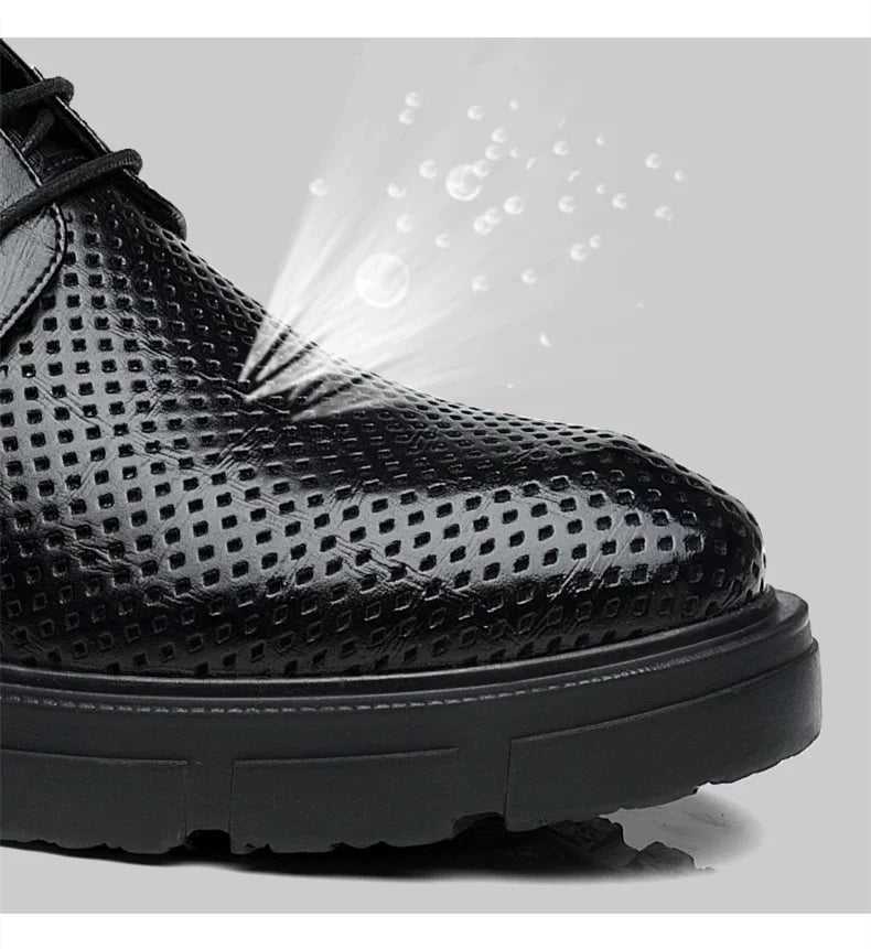 New Men Hollow Summer Platform High Heel 5/8/10 CM Height Growth Formal Men Derby Leather Shoes Man Wedding Dress Shoes Elevator