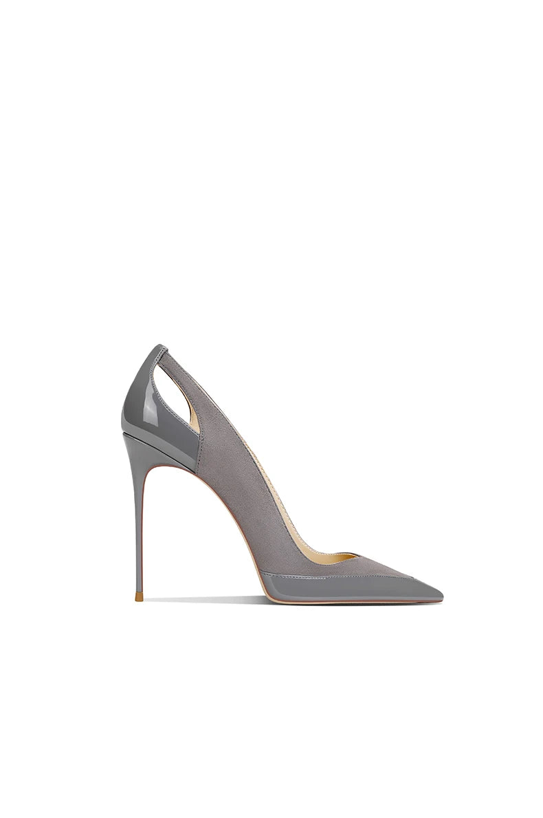 French style gray patent leather patchwork design with a sense of autumn new style pointed toe slim heel high heels for women