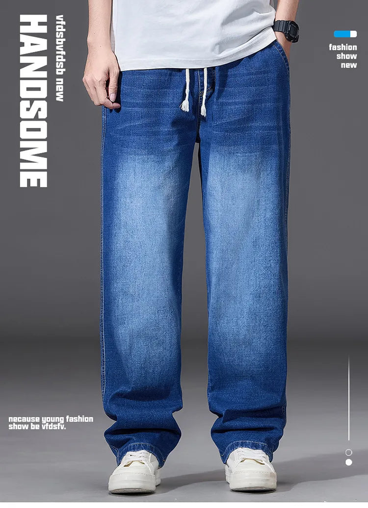 8XL Elastic Waist Men's Jeans, Loose Straight Leg Stretch Denim Pants, Plus Size Casual Streetwear, Big Size Relaxed Fit Trouser