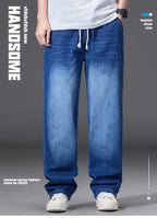 8XL Elastic Waist Men's Jeans, Loose Straight Leg Stretch Denim Pants, Plus Size Casual Streetwear, Big Size Relaxed Fit Trouser