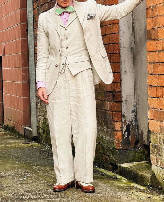 Beige Linen  Men Suits 3 Pieces Men Suits Lightweight Blazer Vest Pants Set Casual Summer Wedding Outfit