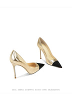 Golden high heels for women, new style, with pointed, slender heels,small fragrant style,color blocking, sexy banquet high heels