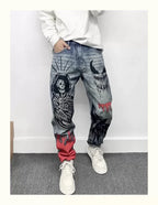 Men's Retro American Street Hip Hop Flame Skull Print Jeans Man High Street Motorcycle Denim Long Pants Baggy Jeans Men Techwear
