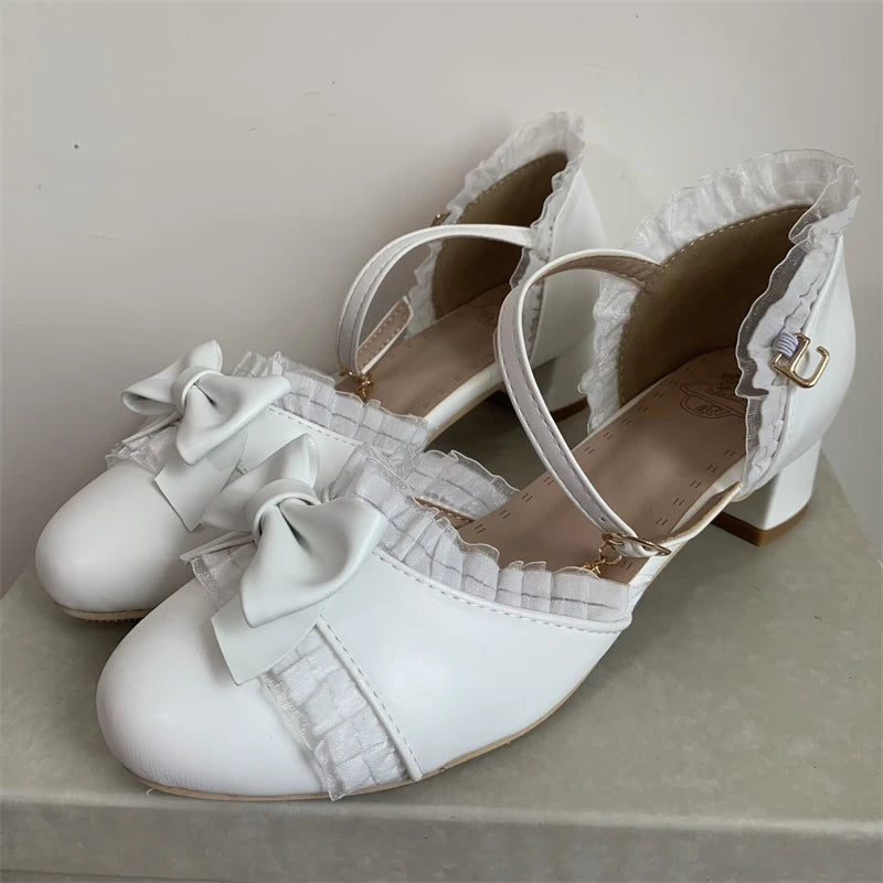 Sweet Japanese Lolita Princess Dance Shoes Girls Cute Bowtied Summer Shoes Round toe White Pink College Pumps Ladies Sandals