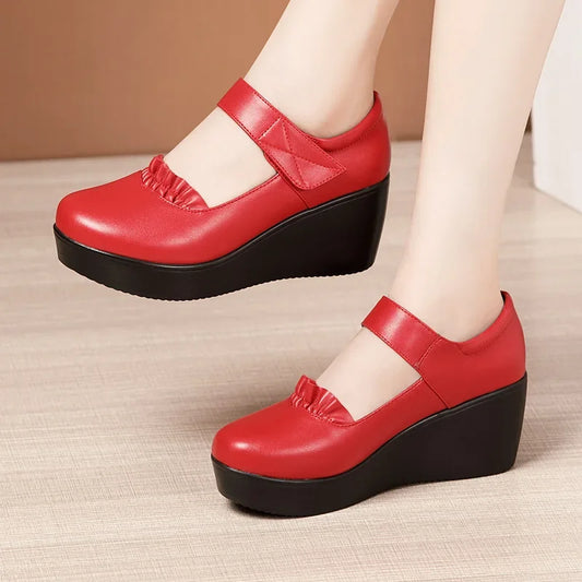 6cm Small Size 32-43 Comfortable Med Heels Pumps Soft Leather Mary Janes 2026 Women's Platform Wedges Shoes for Office Mom Dance