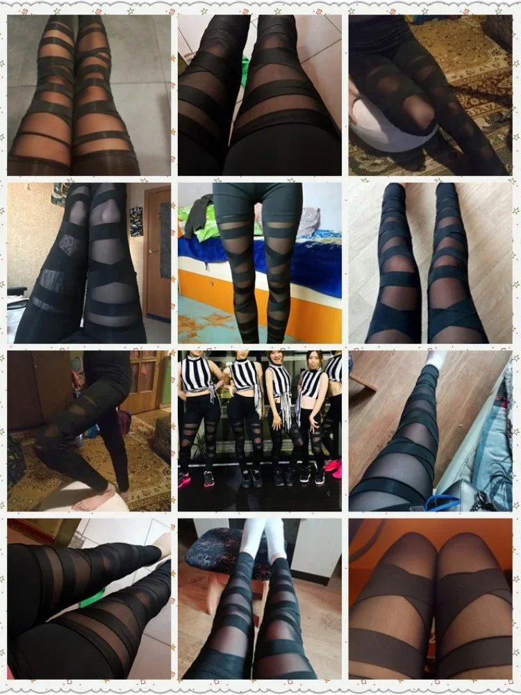 Fashion Elastic Black Bandage Pants Femme Punk Rock Trouser Sexy Leggings Mesh Women Leggins Gothic Slim Streetwear Leggings