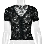 JULISSA MO Sexy Deep V-neck Sheer Lace Women T-shirt Black Short Sleeve Floral T-shirt Summer Skinny Casual Vacation Streetwear