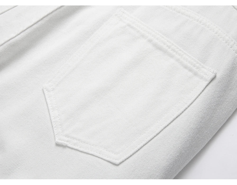 Men's Pleated Patch Denim Biker Jeans Streetwear Pink White Cotton Pants Ripped Patchwork Slim Straight Trousers