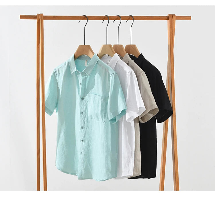 100% Linen Short Sleeve Shirt for Men Breathable Summer Casual Top Minimalist Loose Fit Button-Up Shirt  Natural Wrinkle Texture
